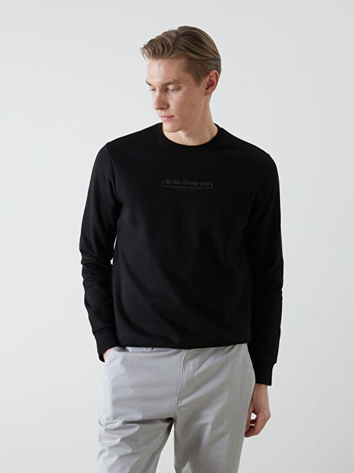 Bisiklet Yaka Bask?l? Erkek Kal?n Sweatshirt