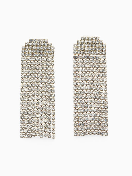 Серьги висячие со стразами Водопад мягкий квадрат, белые в золоте