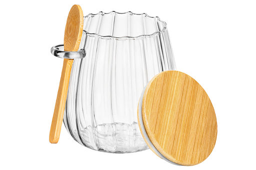 Банка д/хранения 680 мл 11*11*11,5 см с бамбуковой крышкой и ложкой, стекло