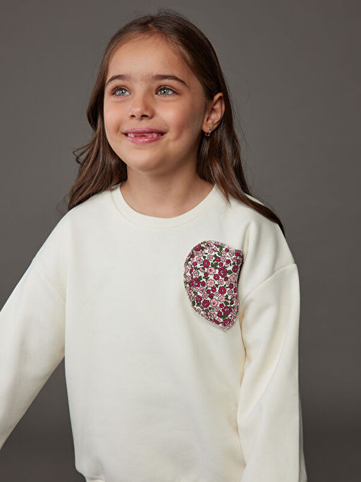 Bisiklet Yaka ?i?ekli K?z ?ocuk Sweatshirt ve Tayt Pantolon 2li