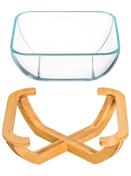 Блюдо для сервировки и запекания 2 л 24,5*24,5*10 см "GLASKRAFT" квадратное с бамбуковой подставкой