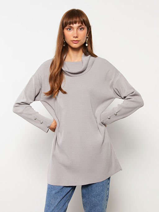 D?k?ml? Yaka D?z Uzun Kollu Triko Kad?n Tunik