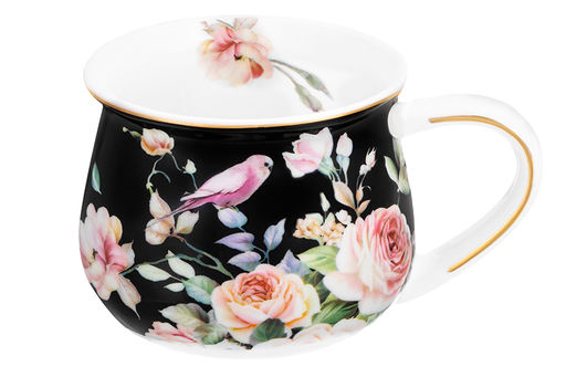 Кружка 250 мл 11,5*8,5*7 см Певчие птички на черном бочонок NEW BONE CHINA