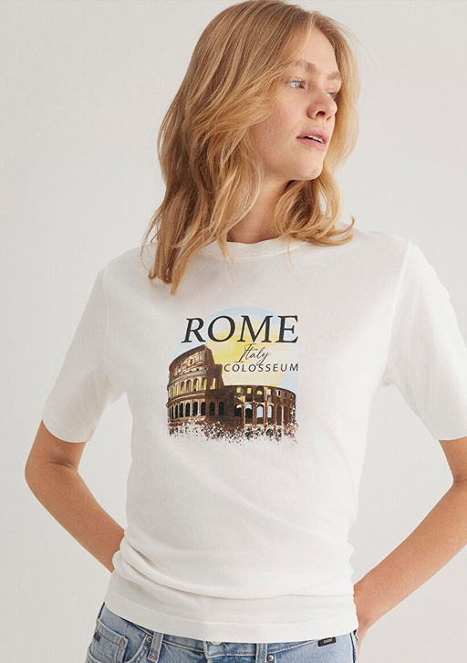 Rome Bask?l? Beyaz Tisort - Mavi фото 2