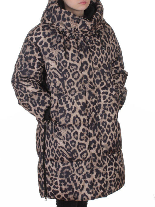 8892 BROWN/LEOPARD Куртка зимняя женская оверсайз с вшитой жилеткой (200 гр. холлофайбер)