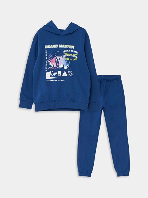 Kap??onlu Bask?l? Uzun Kollu Erkek ?ocuk Sweatshirt ve E?ofman Alt? - Waikiki фото 3