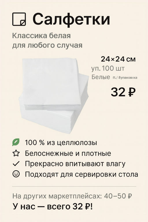 Салфетки 24х24см уп.100шт Белые п/э упаковка