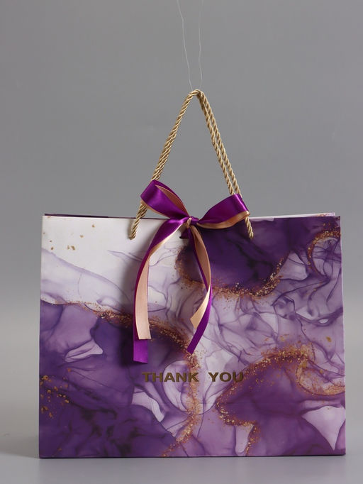 Пакет подарочный ламинированный «Мрамор», фиолетовый с бантиком, 32×25×11 см