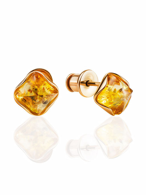 Серьги-пусеты с натуральным лимонным янтарем Квадрат