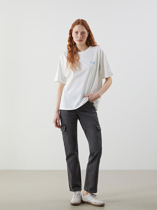 Bisiklet Yaka Bask?l? Oversize Kad?n Ti??rt