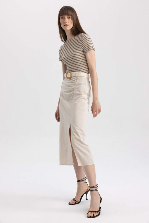 Юбка-миди прямого кроя с нормальной талией и разрезом из смесового льна - Defacto фото 4