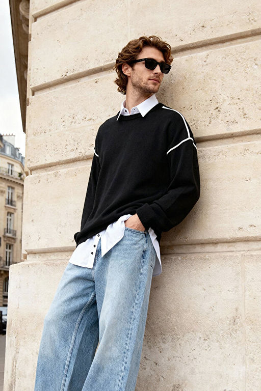 Siyah Oversize Bisiklet Yaka Biye Detayl_ Triko Kazak TMNAW22KZ0142 - Trendyolmilla фото 2
