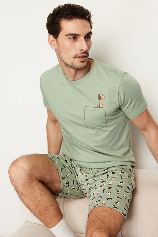 Unisex Ye_il Regular Fit Bask_l_ _rme _ortlu Pijama Tak_m_ THMSS21PT0324 - Trendyolmilla фото 2