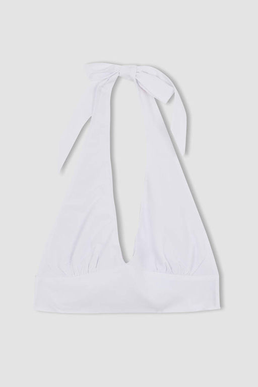 Укороченная блузка из льняной смеси приталенного воротника с бретелькой на шее - Defacto фото 8