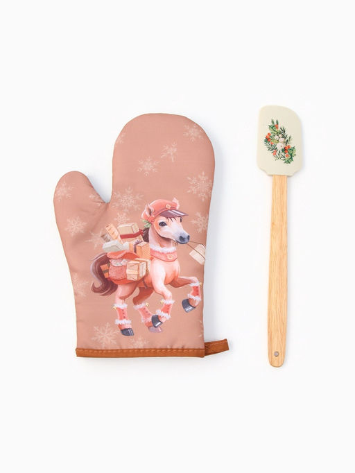Набор подарочный новогодний Почтовая лошадка варежка-прихватка, лопатка силикон