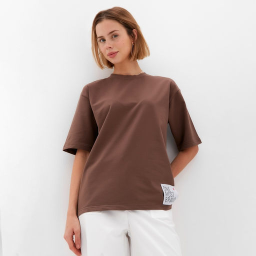 Футболка оверсайз с нашивкой женская MINAKU: One Most Brand, коричневая, размер 44