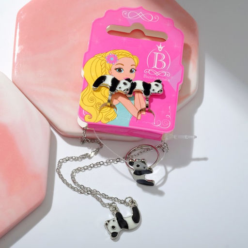 Цена за 3 шт. Набор «Выбражулька» 3 предмета: клипсы, кулон, кольцо, панды, чёрно-белый в серебре