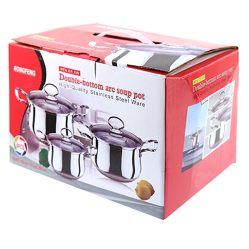 "Хозяюшка" Набор кастрюль из нержавеющей стали 3 штуки: 17х10,3см 1,75л; 19х10,7см 2,3л; 20,5х12,5см 3,1л, крышки и ручки нержавеющая сталь, ручки-кнопки бакелитовые, с теплораспределительным дном 0,7см, цветная коробка (Китай)