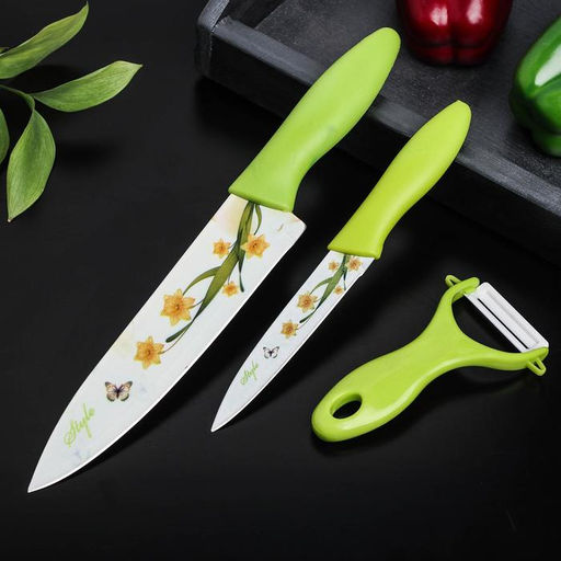 Набор кухонных принадлежностей Доляна Нарцисс, 3 предмета: 2 ножа с антиналипающим покрытием, лезвие 12 см, овощечистка, 204 см, цвет зелёный  фото 3