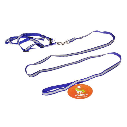 Комплект со светоотражающей лентой, ошейник 120 х 1 см, ОГ 26-40 см, синий - Пижон фото 6