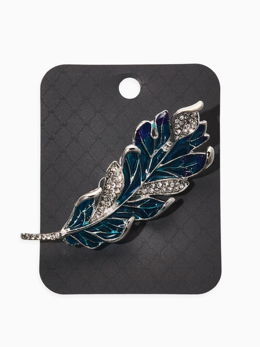 Брошь «Перо» прозрачное, синий, голубой в серебре