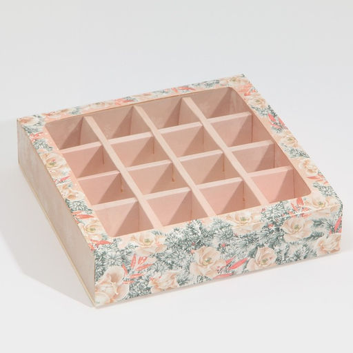 Цена за 4 шт. Коробка под 16 конфет новогодняя с ячейками «Стильный розовый» 17.5 х 17.5 х 3.5 см