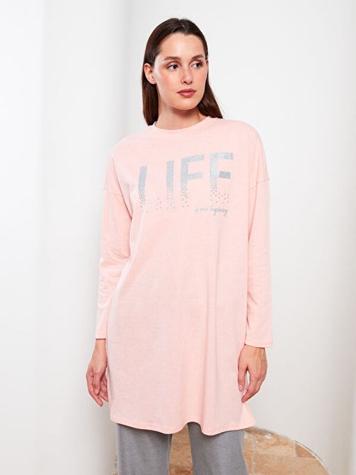 Bisiklet Yaka Bask?l? Uzun Kollu Kad?n Tunik