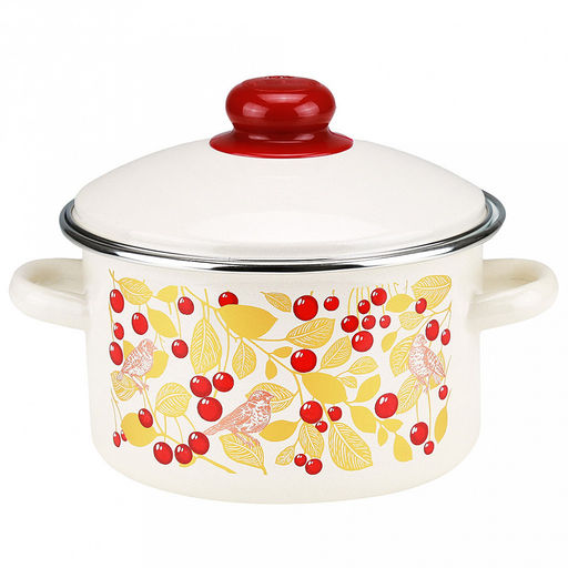 Птички и вишня Кастрюля эмалированная 2л, цилиндрическая форма, металлическая крышка, ободок из нержавеющей стали, бисквит (Россия)