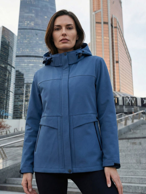 Ветровка женская софтшелл виндстоппер с капюшоном спортивная темно-синего цвета 9616_1TS - Valianly фото 78