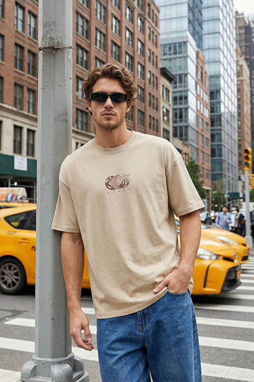 Vizon Oversize/Geni_ Kesim Bask_l_ %100 Pamuk T-Shirt TMNSS23TS00261