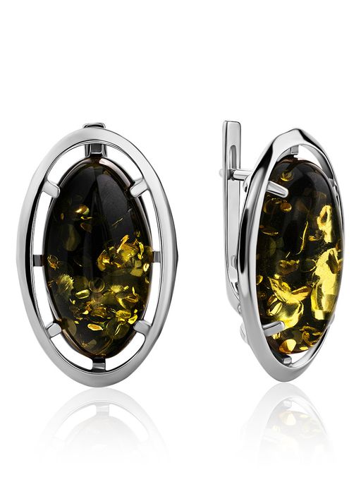 Элегантные серьги Элегия из серебра с янтарём зелёного цвета