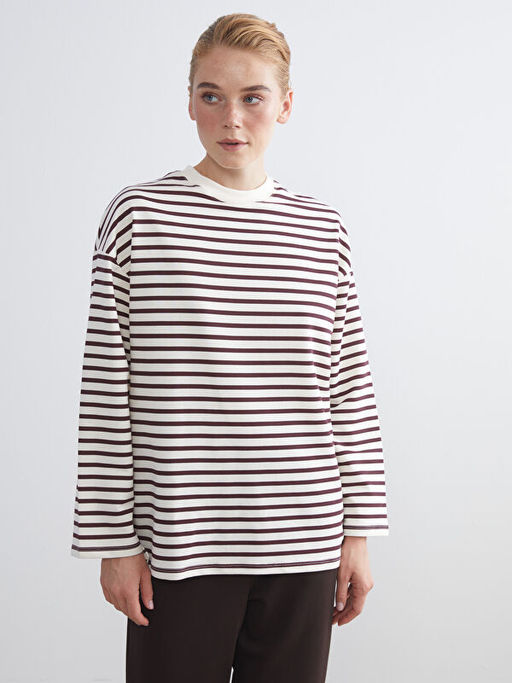 Bisiklet Yaka ?izgili Kad?n Sweatshirt Tunik