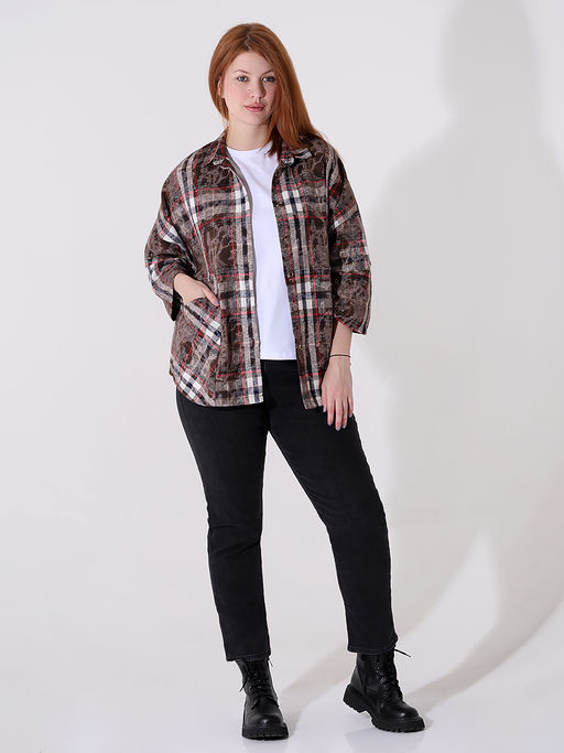 Коричневая рубашка в клетку женская больших размеров - Almond фото 6