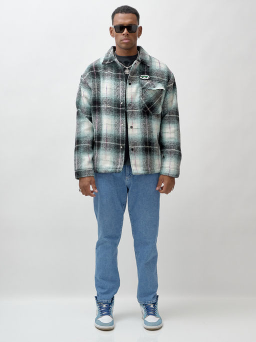 Куртка рубашка шерстяная в клетку мужская демисезонная зеленого цвета 58592Z