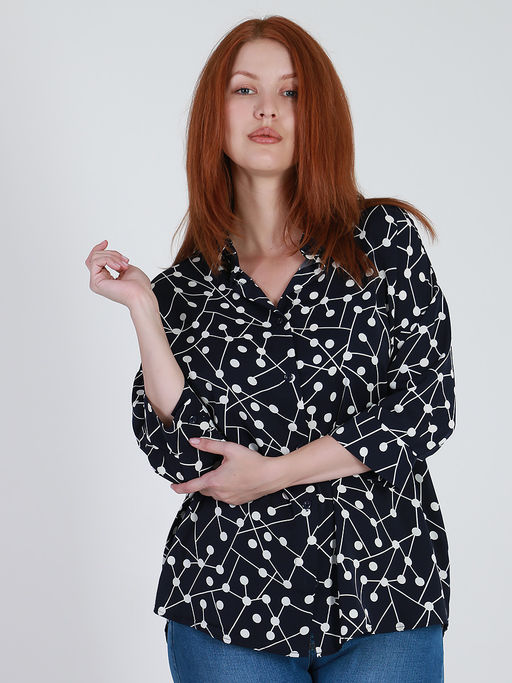 Рубашка темно-синяя в деловом стиле с рисунком - Almond фото 3