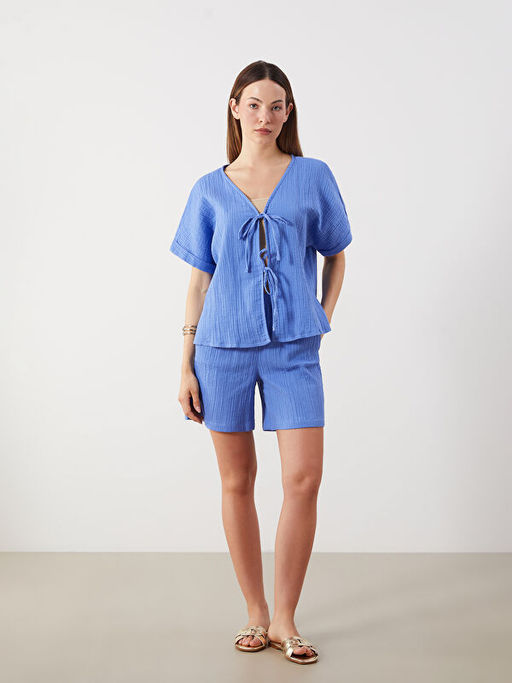 V Yaka Dokulu ?n? Fiyonklu M?slin Bluz