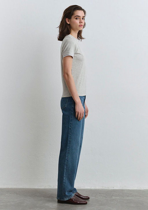 Beyaz Biyeli Gri Tisort - Mavi фото 5