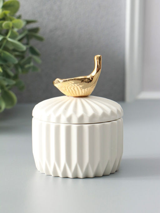 Шкатулка керамика "Золотой лист Гинкго" белая 8х8х10 см