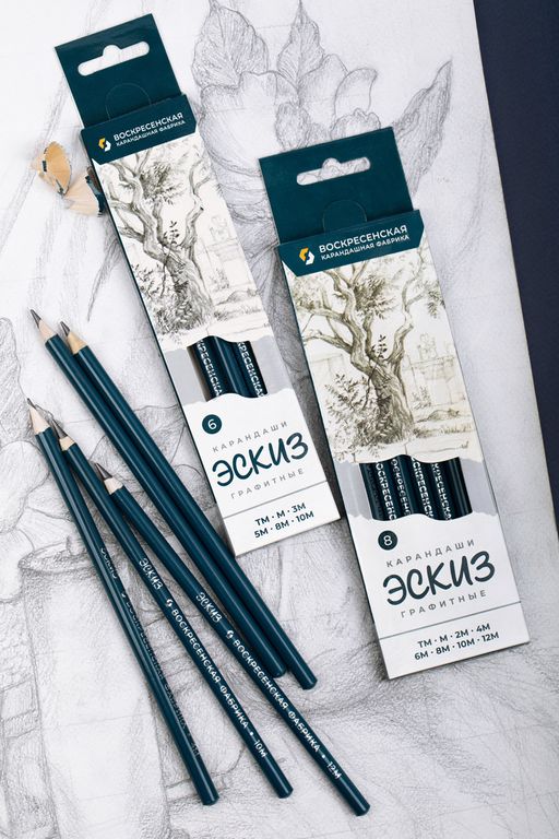 ВКФ Эскиз 8B-1700 Набор графитных карандашей заточенный ассорти 16 х 8 шт. 12М(12B), 10М(10B), 8М(8B), 6М(6B), 4М(4B), 2М(2B), М(B), ТМ(HB)