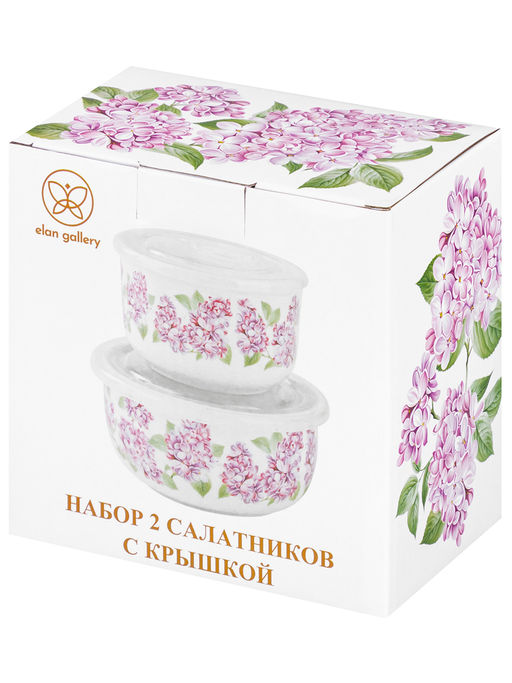 Набор салатников 2 пр. 500 мл 13*13*6,5 см+300 мл 10,5*10,5*6,5 см "Сирень" с пл.крыш.NEW BONE CHINA