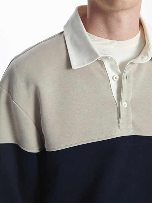 Polo Yaka Uzun Kollu Renk Bloklu Erkek Sweatshirt