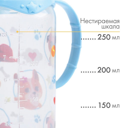 Бутылочка для кормления M&B «ТРЕНД. Песики», классическое горло, с ручками, от 3 мес., 250 мл., цилиндр, голубой