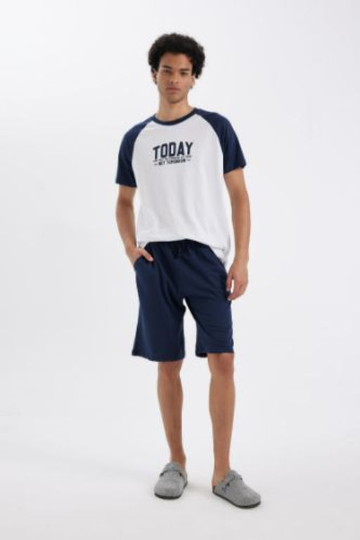 Regular Fit Pijama Tak?m? Bisiklet Yaka Bask?l? K?sa Kollu Ust Beli Bagc?kl? Sort Alt