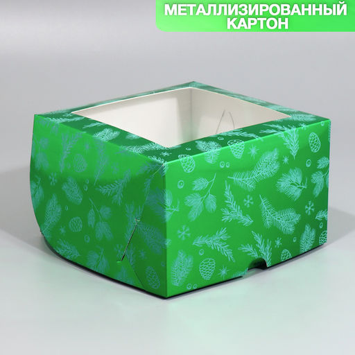 Цена за 5 шт. Коробка складная на 4 капкейка новогодняя с окном «Веточки», 16×16×10 см