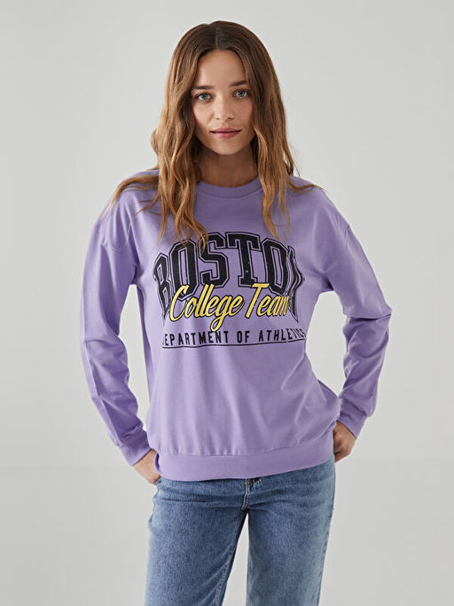 Bisiklet Yaka Bask?l? Kad?n Sweatshirt