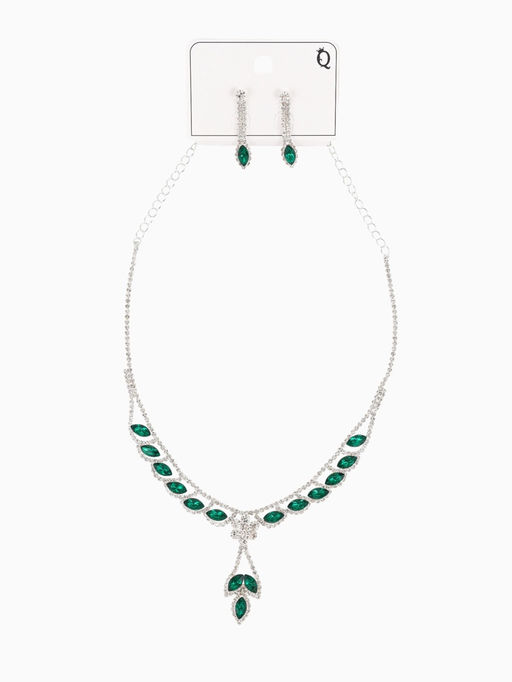 Набор 2 предмета: серьги, колье Листопад ромб, цвет изумрудно-белый в серебре, 45 см