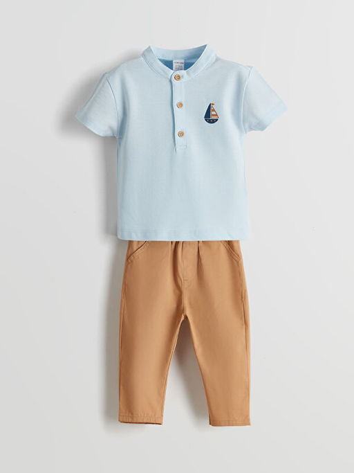 Hakim Yaka Bask?l? Erkek Bebek Ti??rt ve Pantolon 2li