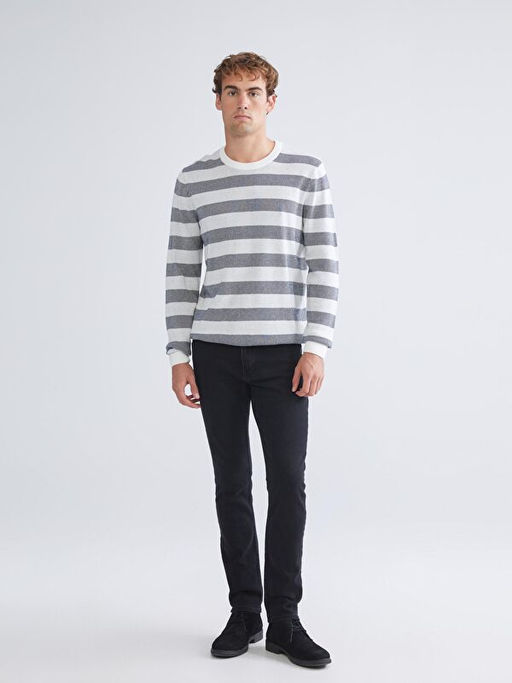 Bisiklet Yaka ?izgili Erkek Triko Kazak