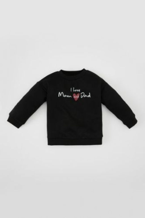 K?z Bebek Siyah Bisiklet Yaka Bask?l? Pamuklu Kal?n Sweatshirt
