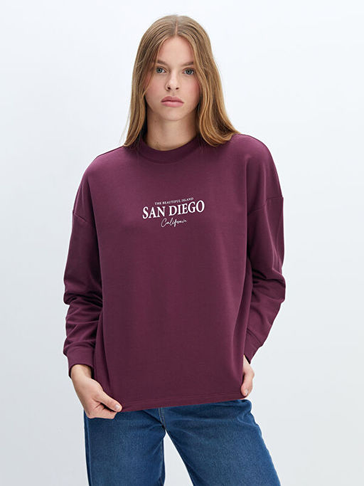 Bisiklet Yaka Bask?l? Oversize Kad?n Sweatshirt